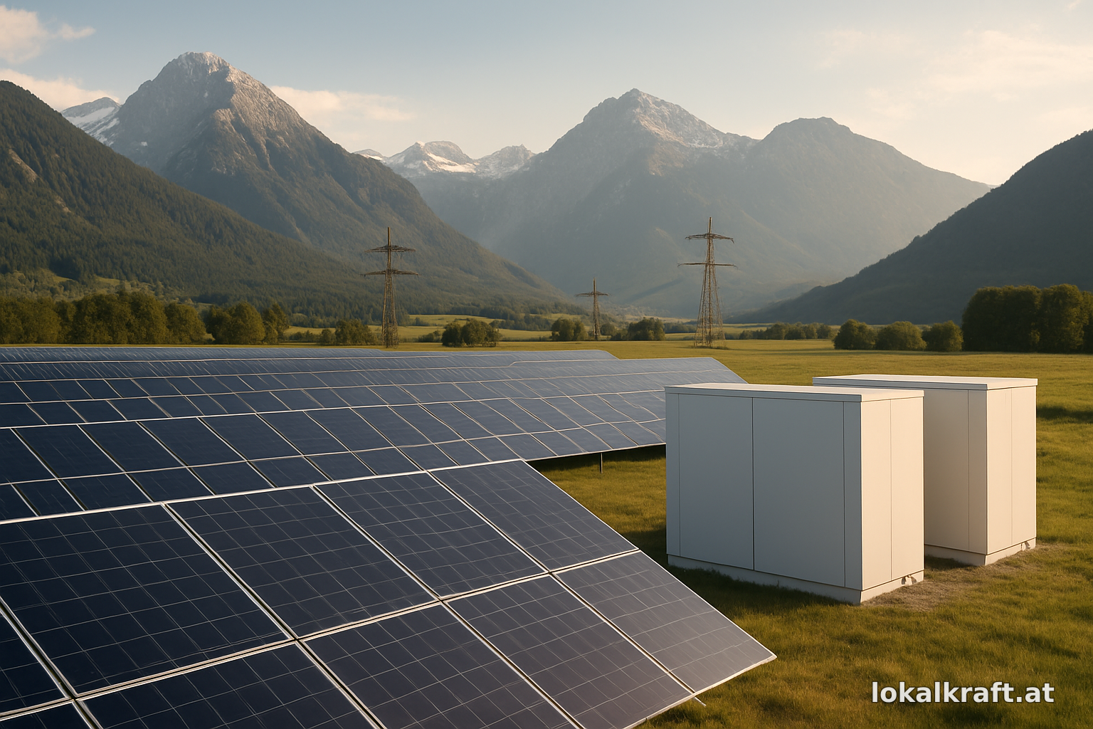 Batteriespeicher und Solaranlage in österreichischer Landschaft – Symbolbild